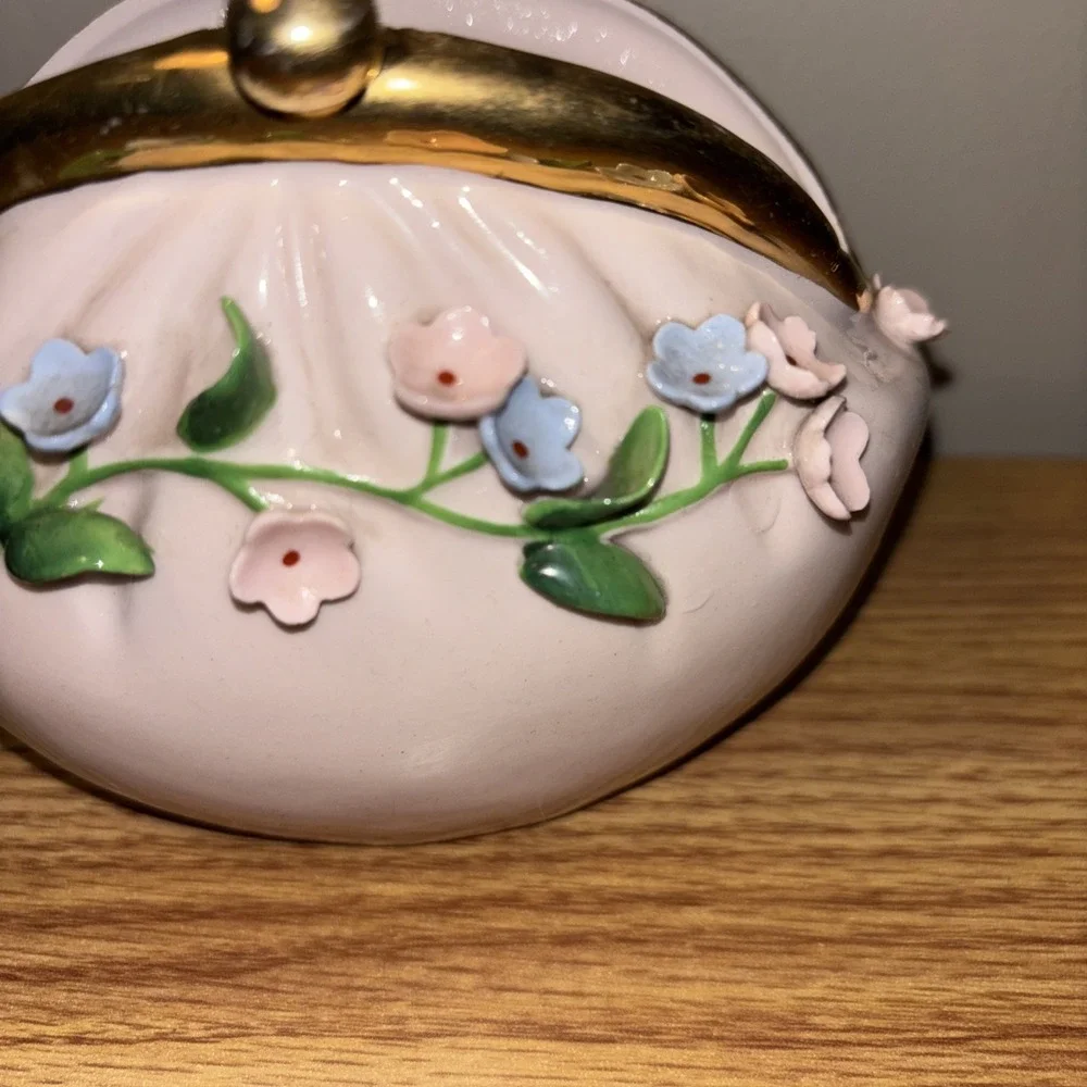 Vintage Lefton Porcelain Purse Shaped Vase  Pink Blue Flowers Gold‎ Accents